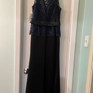 Formal gown; sequined navy blue bodice layer over black A-line attached bottom